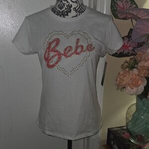 Bebe White T-Shirt with Pink Heart Design